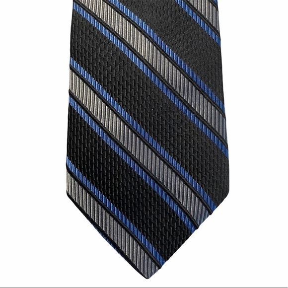 Alfred Sung Woven Silk Thick Long Neck Tie Black Gray Blue Stripes Necktie OS - Picture 6 of 13